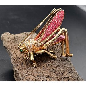 Vintage RARE Grasshopper Brooch Large‎ Gold Tone Rhinestone Pink Glitter 2"x2.5"